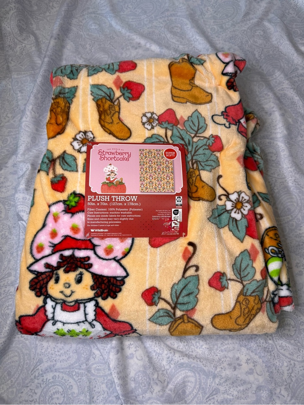 Strawberry Shortcake Plush Throw Blanket - Pale Orange with Boots & Strawberries